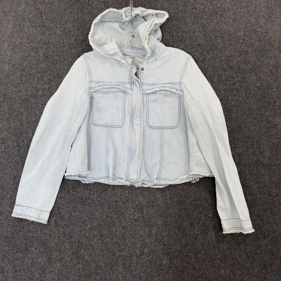 Free People Jacket Women's XS Light Blue Hooded Raw Hem Cropped Denim - Picture 1 of 9